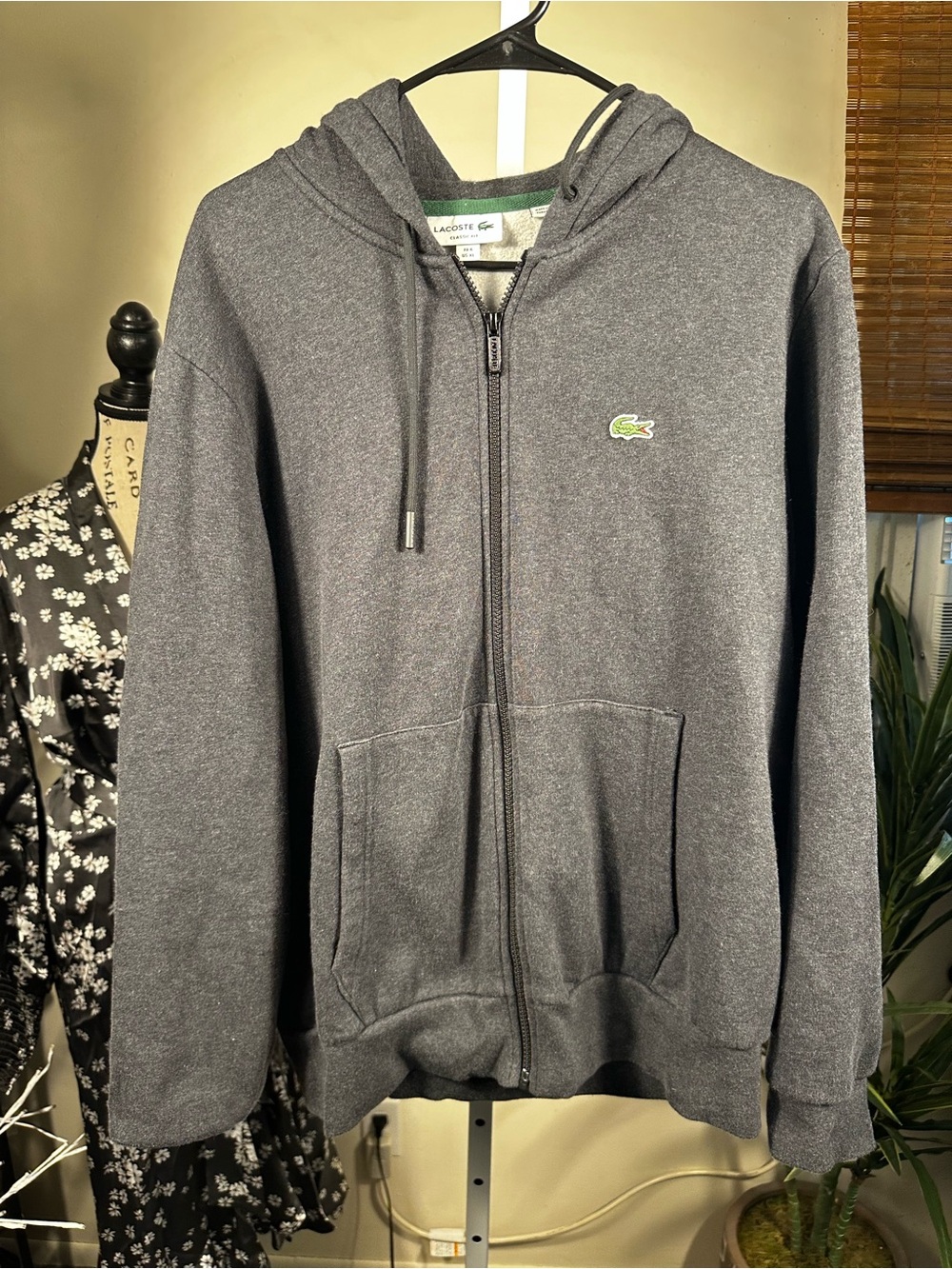 B107. Lacoste Dark Gray Full-Zip Hoodie with Green Crocodile Logo